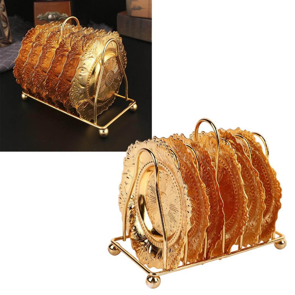 7PCS Gold Metal Coasters Set Iron Coasters with Holder Coasters Table Coasters Set  For Coffee Table