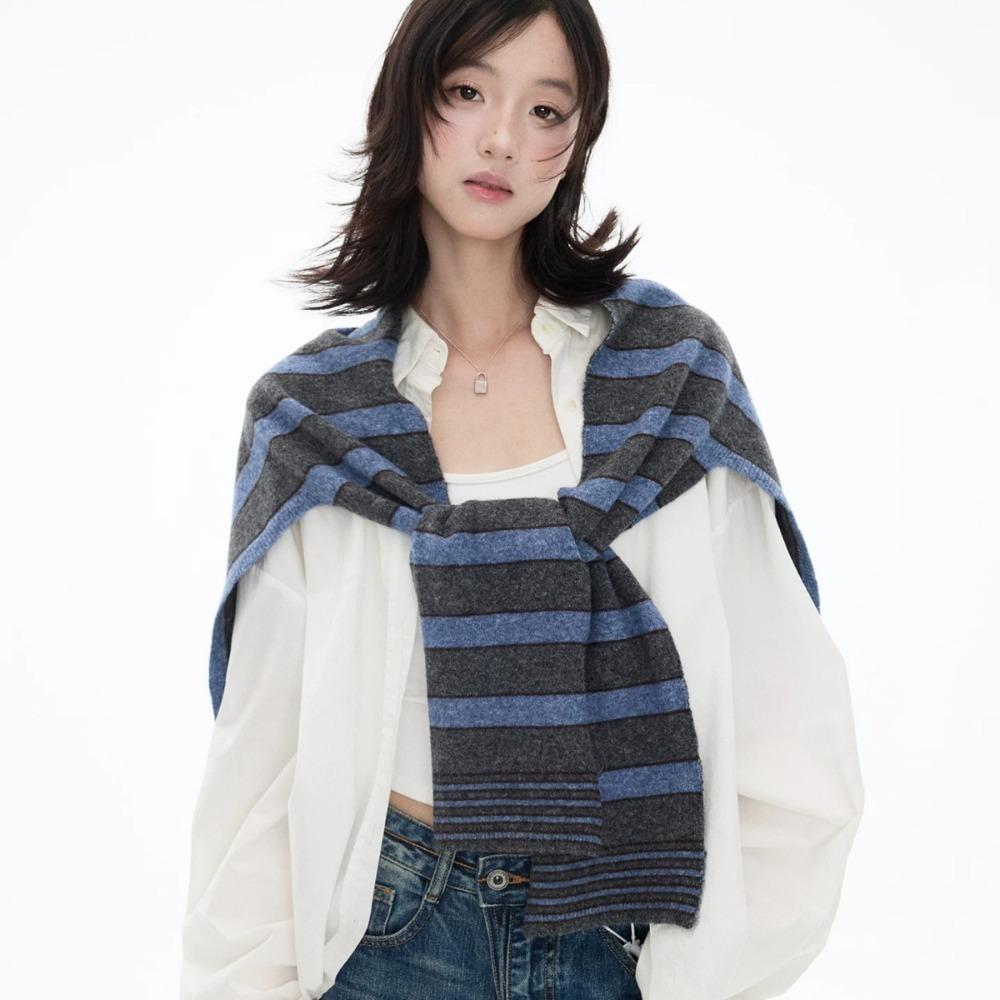 T-Shaped Knitted Shawl Color-block Striped Neck Warmer Retro Shoulder Wrap for Women