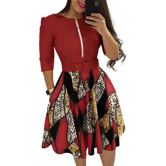 Ladies Dress Zipper Decor Belted Tight Waist Color Matching Print Round Neck Pockets Three Quarter Sleeve A-line Loose Hem Spring Fall Mini Dress