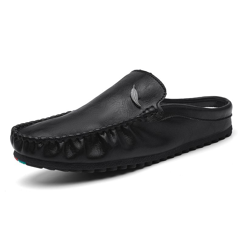 Fashion Breathable Mens Half Slippers Handmade Leathe Muller Shoes Loafers Male Comfy Flats Lazy Shoes Soft Handmade Men Casual Footwear