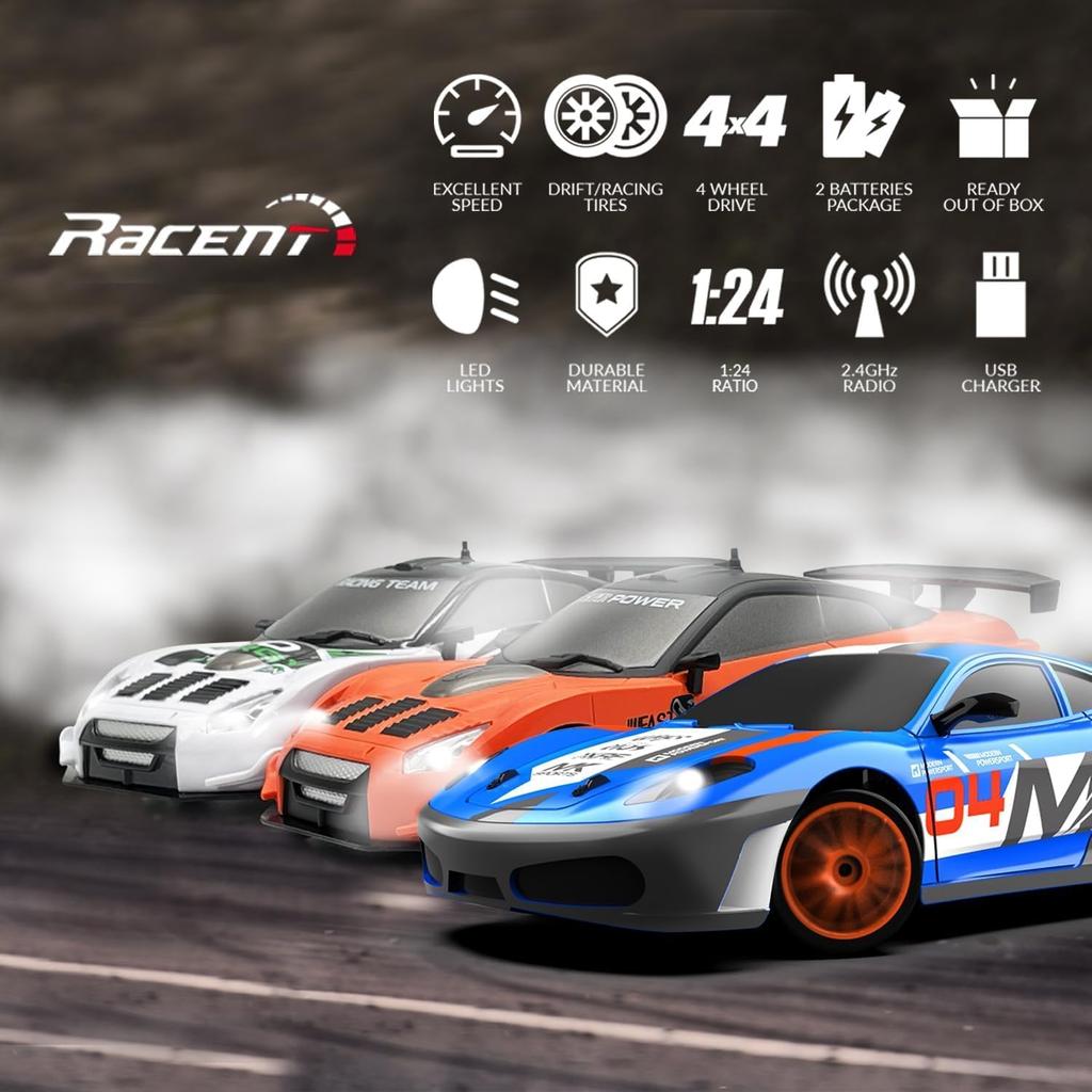 Автомобиль с дистанционным управлением RC Drift Car 2,4 ГГц 1:24 масштаба 4WD 15 км/ч, высокоскоростная модель автомобиля, светодиодные фонари, шины для дрифтинга, гоночный спортивный игрушечный автомобиль