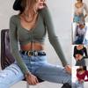 Women Spring Summer Long Sleeve V Neck Solid Color Drawstring Bare Midriff T Shirt