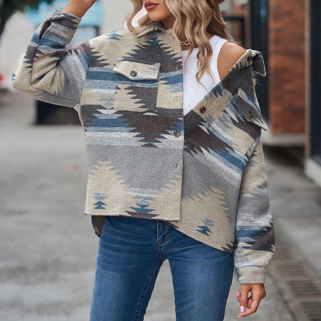 Женское модное пальто из шерсти с длинными рукавами, лацканами и принтом на пуговицах