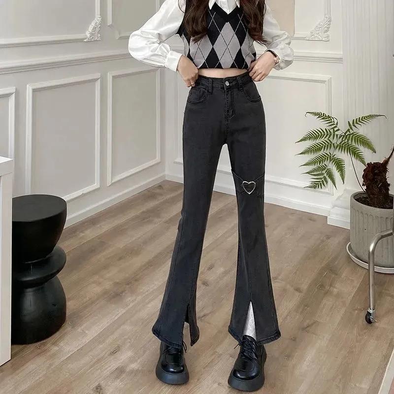 Джинсы для женщин, винтажные серые джинсовые брюки-клеш, уличная одежда, тонкие брюки для мам с высокой талией, брюки Harajuku Y2k