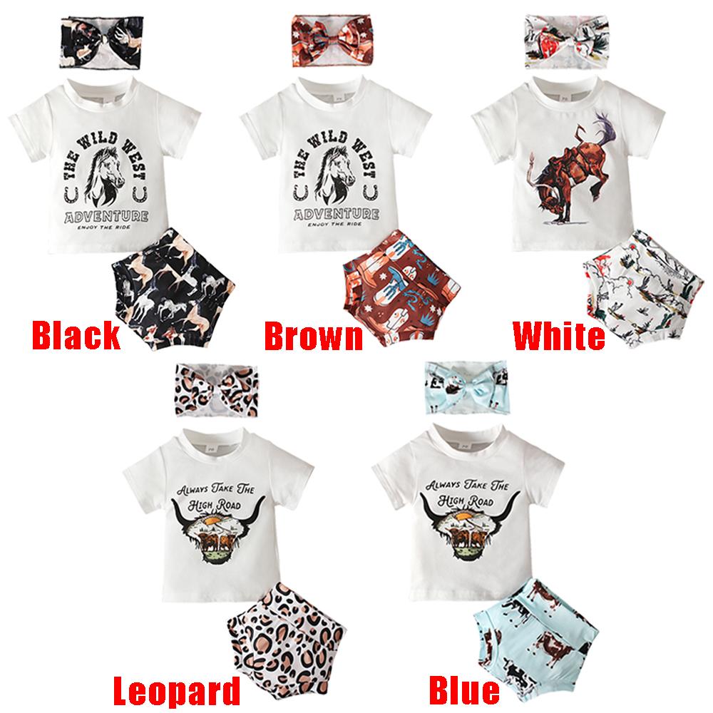 Летняя футболка с принтом животных для малышей + шорты + повязка на голову, комплект из 3 предметов, одежда для детей 0–3 лет