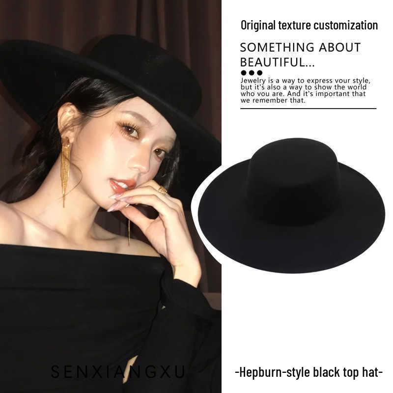 Hepburn Style Women's Wool Fedora - French Flat Top with Large Brim for Autumn & Winter