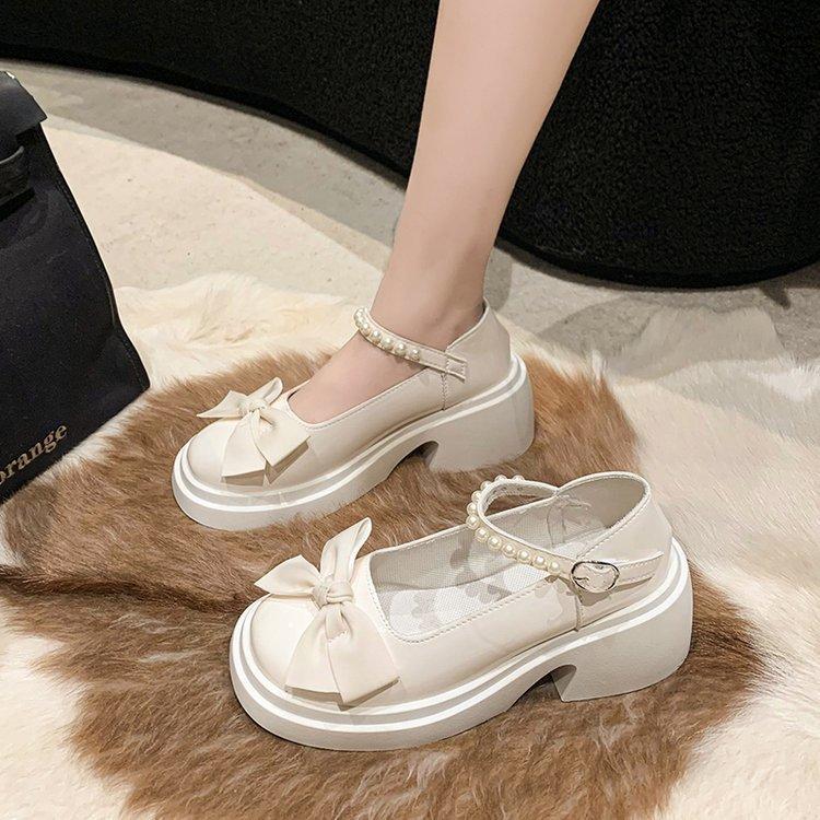 Туфли Мэри Джейн женские, осень 2025 года, новые модные туфли с бантом на платформе и толстом каблуке, маленькие кожаные туфли с жемчугом