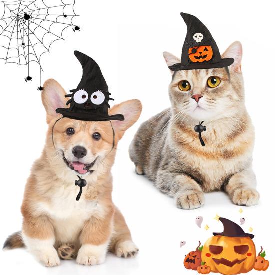 Lightweight Pet Headgear Halloween Cat Witch Hat, Fun Hat with Adjustable Elastic Strap, Cartoon Comfortable Headwear Ghost Pumpkin Bat Skull for Cats