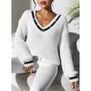 Autumn and Winter Women's Color Contrast Stitching V-neck Long Sleeve Beaded Casual Sweater