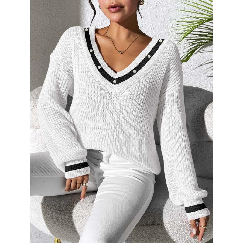 Autumn and Winter Women's Color Contrast Stitching V-neck Long Sleeve Beaded Casual Sweater