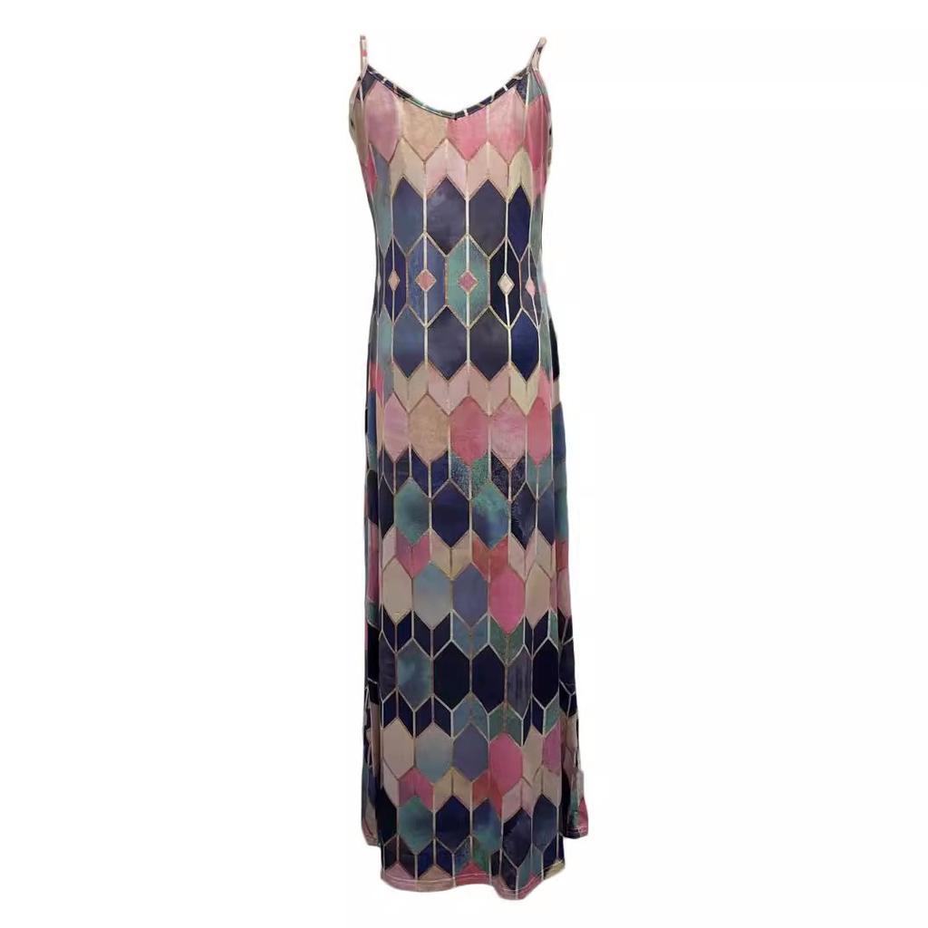 Женское модное шикарное платье макси с принтом Argyle на бретельках Летняя пляжная одежда Платье для отпуска Платье без рукавов Платье на бретельках Длинное платье