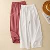 2025 Summer New Solid Color Cotton and Linen Lace Straight-leg Pants Women's Literary Style Drawstring Elastic Waist Casual Pants