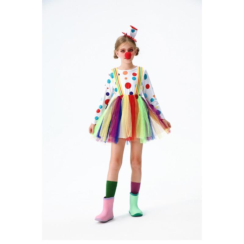 Kids Rainbow Clown Cosplay Dress, Halloween Stage Show Dance Puffy Tutu Outfit