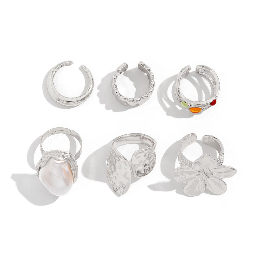 baroque Pearl Combination Ring Female retro Metal Lava Flower Ring Set