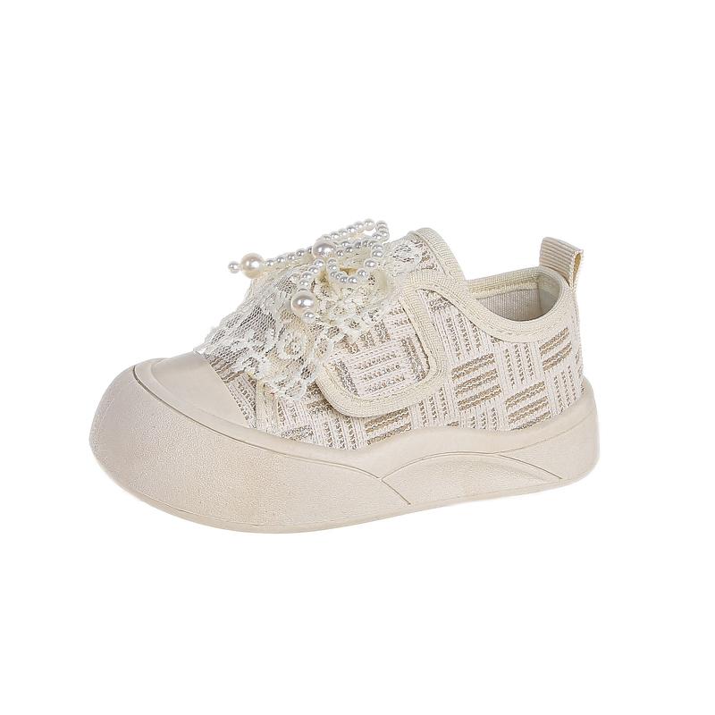 Girls Canvas Shoes Sweet Lace Bows Kids Flat Shoes Soft Bottom Non-slip 2025 New Fashion Children Princess Shoes Beading Cute