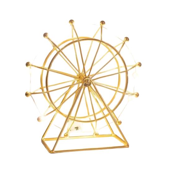 Sky Wheel Ornament with LED Light Rotatable Iron Wire Ferris Wheel Model Metal Figurine Home Office Desktop Decoration