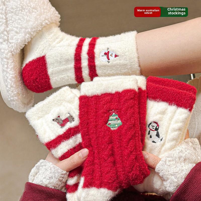 Coral Velvet Socks for Women Winter Extra Thick Warm Red Christmas Socks Sleeping Socks