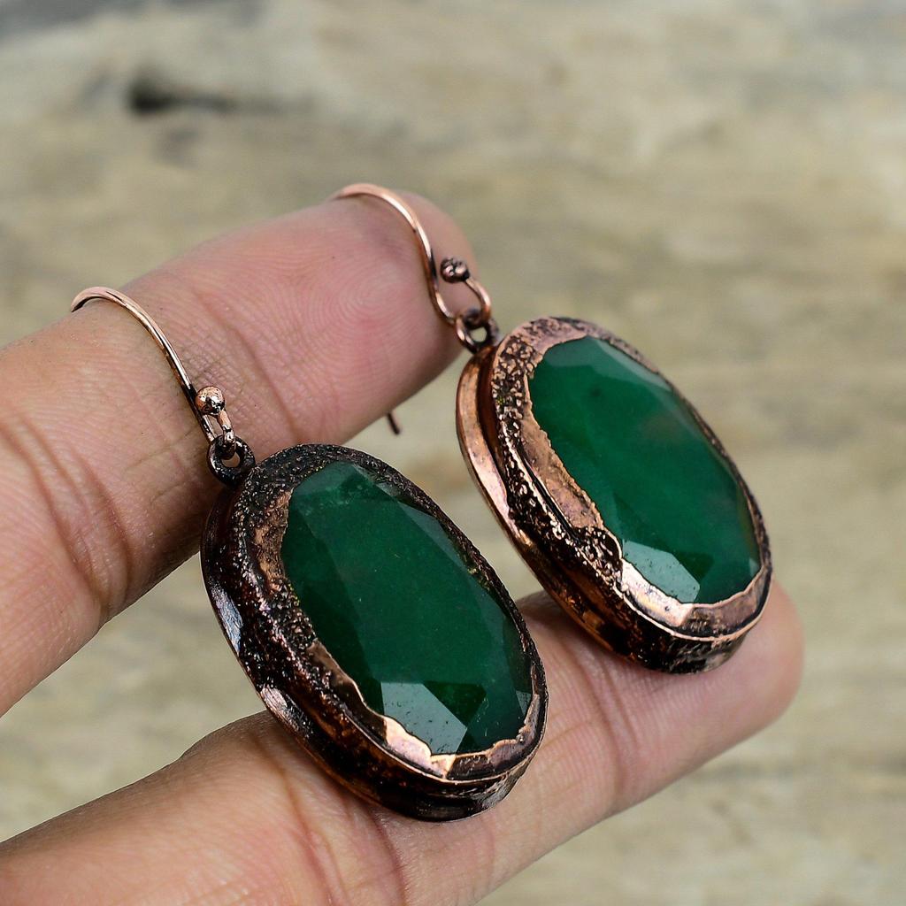 Faceted Zambian Emerald Earring Electroformed Copper Earrings Natural Gemstone Handmade Earring Unique Copper Design Jewelry Gifts For Wife