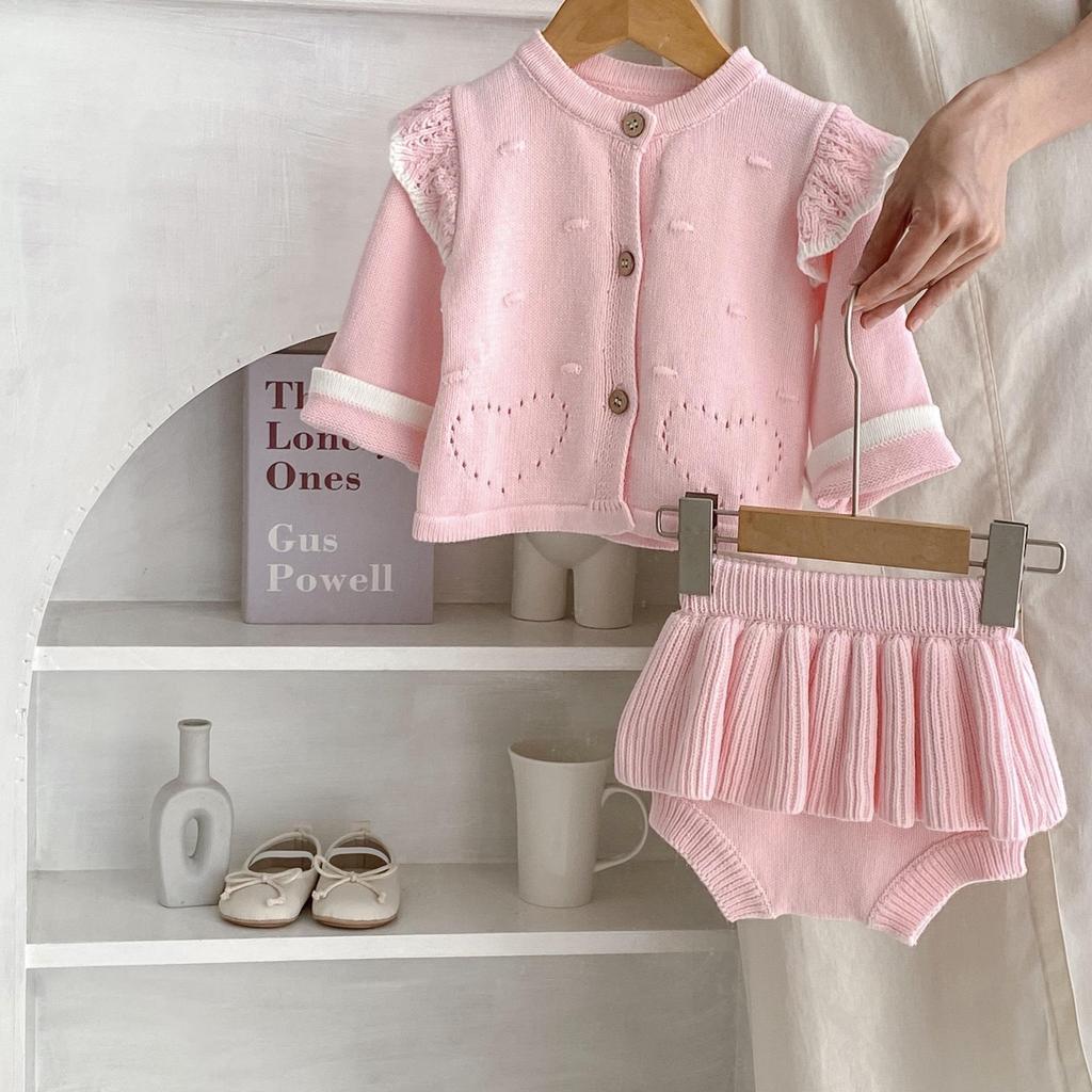 2024 Autumn Infant & Toddler Girls' Pink Knitted Jacket with Pink Ruffle Skirt Pants Set