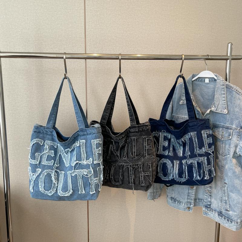 Джинсовая сумка-тоут, женская сумка через плечо с буквенным принтом, большая вместительная портативная сумка через плечо