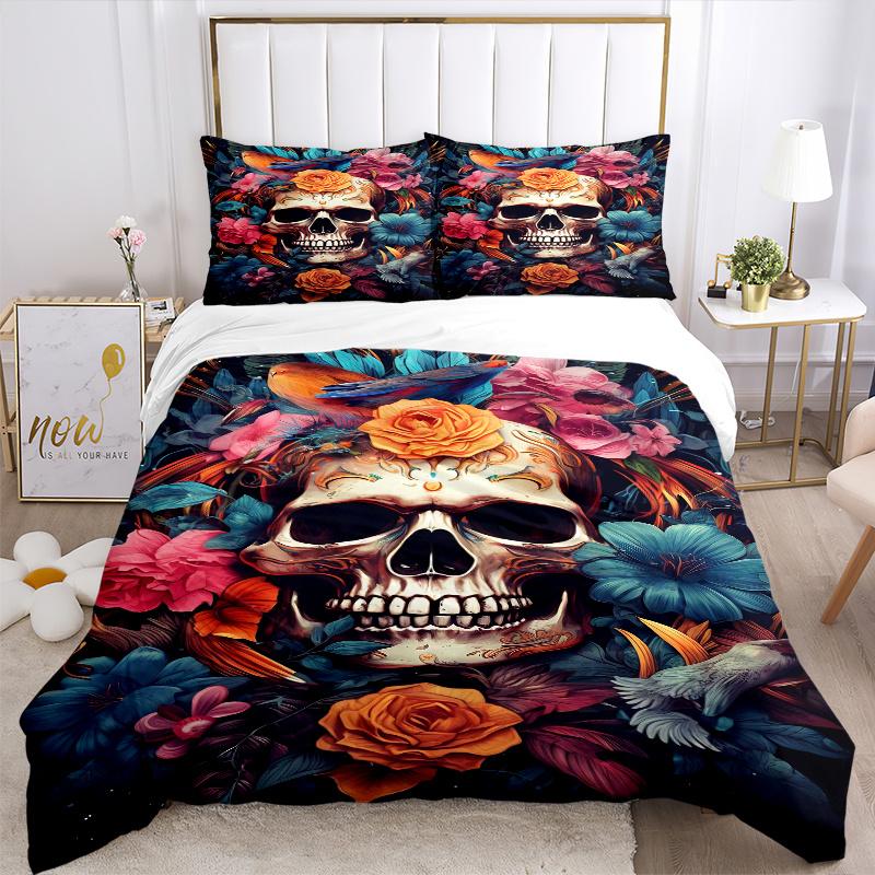 3pcs Day of the Dead Theme Quilt Set - Soft and Comfortable Bedroom, Guest Room and Dorm Decor Bedding Set 1 Quilt Cover + 2 Pillowcases.W029
