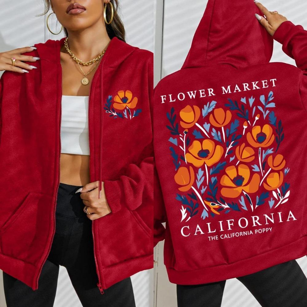 Рынок Желтых Цветов Калифорния Принты Женская Толстовка на Молнии Модная Свободная Толстовка Мягкая Повседневная Спортивная Одежда Осенняя Одежда