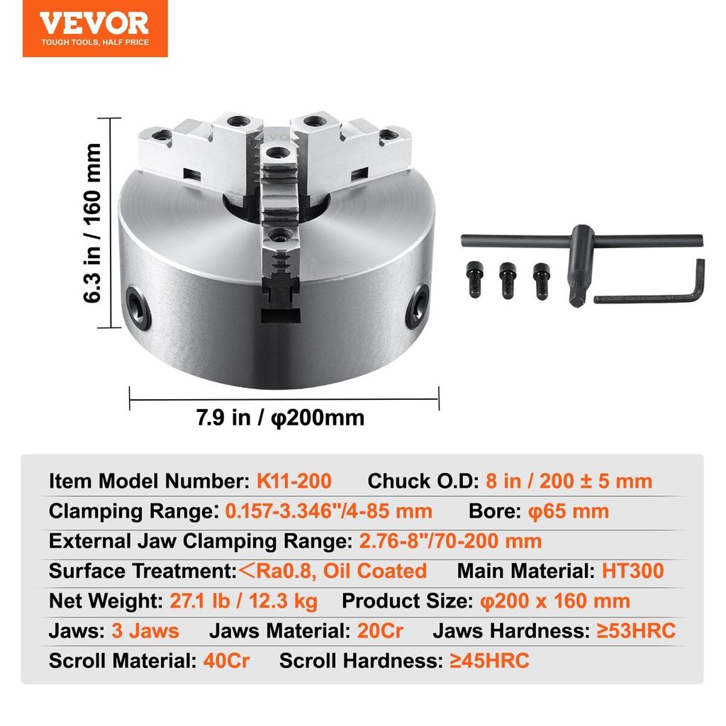 3-Jaw Lathe Chuck, 8'', Self-Centering Lathe Chuck, 0.16-8 in/4-200 mm Clamping Range with T-key Fixing Screws Hexagon Wrench, for Lathe 3D Printer