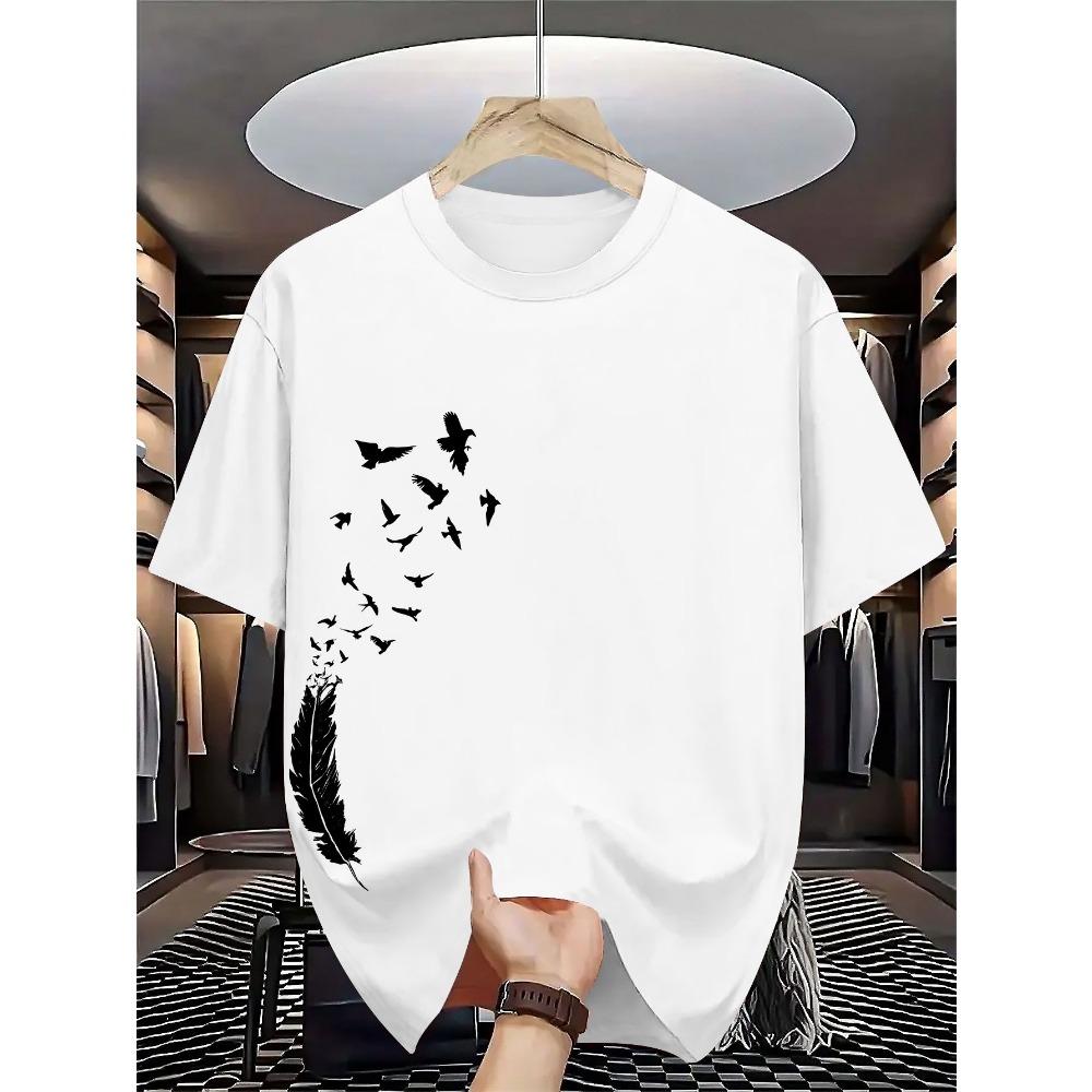 Men's 100% pure cotton summer casual loose fashion bird creative pattern printed round neck T-shirt versatile top