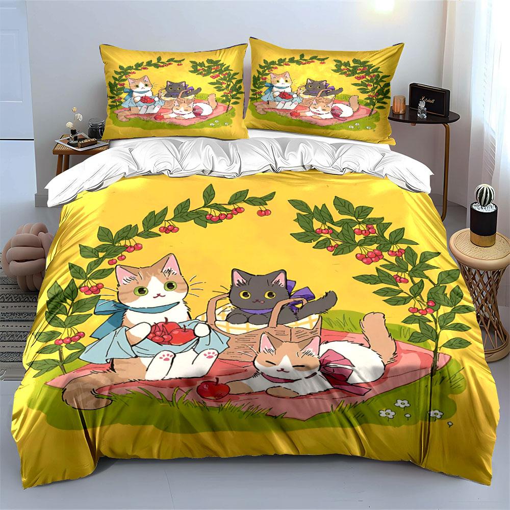 Cute Cats Picnic with Fruits Bedding Duvet Cover Set Duvet Cover Pillowcases (1*Duvet Cover 2*Pillowcases, without duvet insert)