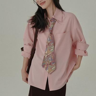 Весенняя повседневная женская рубашка с длинным рукавом розового цвета, модные однотонные хлопковые свободные женские блузки на пуговицах с простыми лацканами для офиса, женская рубашка 26037