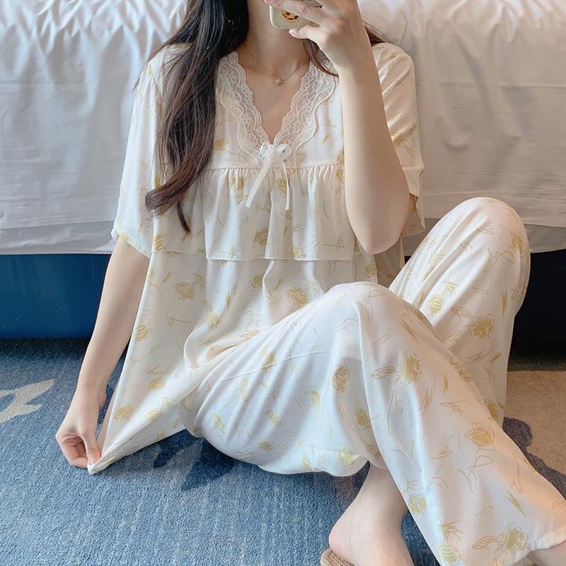 1011 new cotton and silk pajamas women's summer thin short-sleeved trousers set loose Korean version fresh and anti-bumping home