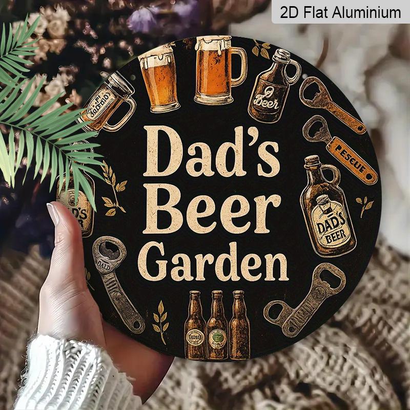 2D Flat 1pc, 8x8 in, Vintage Beer Garden Aluminum Metal Decorative Signs & Plaques - Dad's Beer Garden Wall Art with Beer Mugs, Bottles & Rustic