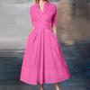 Women Solid Color Mid-rise Shirt Dress V-Neck Long Sleeve Belt Buttons Half Placket Pockets Loose Hem Midi Dress Workwear