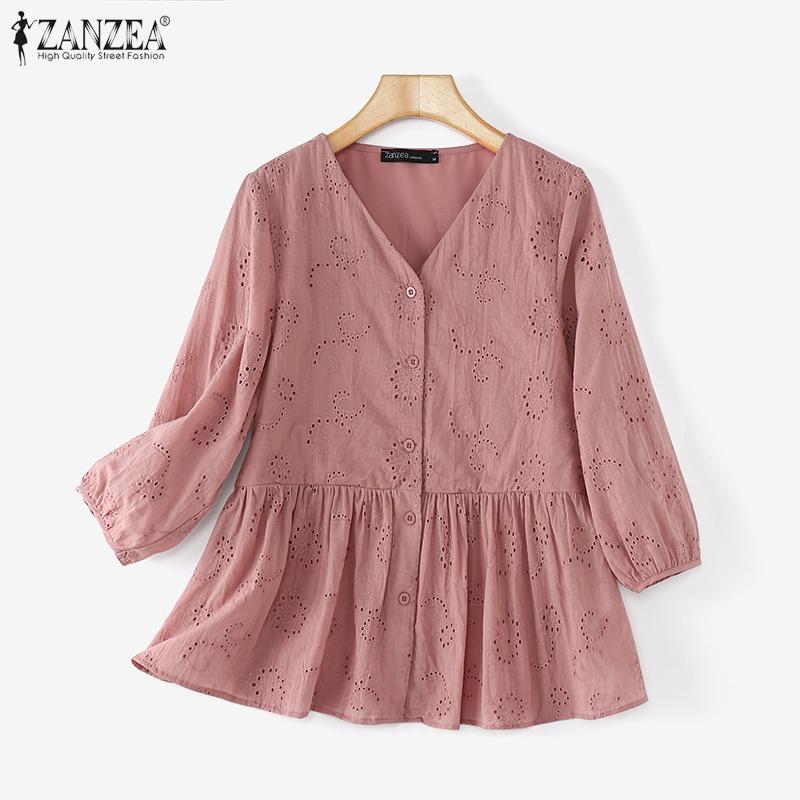 ZANZEA Женские летние кружевные рубашки с V-образным вырезом и рукавом-фонариком 3/4