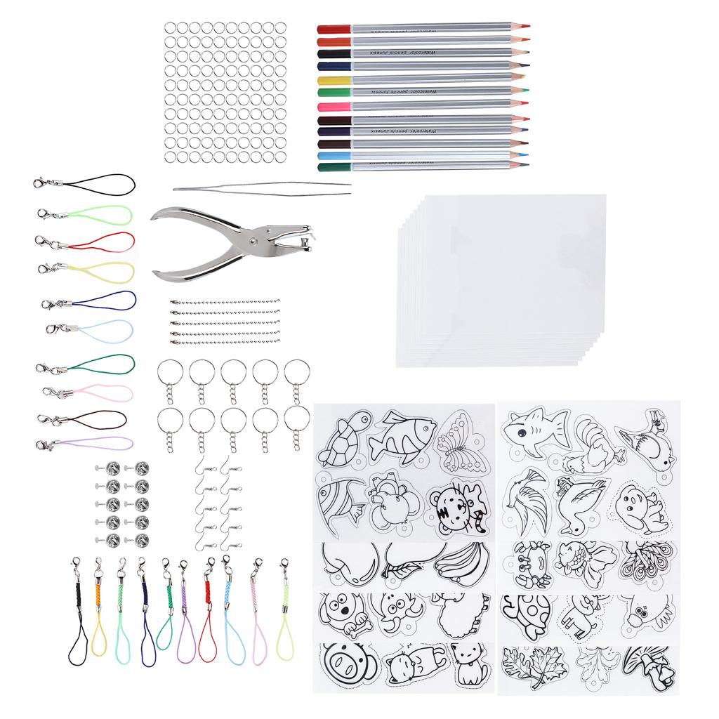 Heat Shrink Sheet Set Complete Shrink Plastic Sheet Kit with Colored Pencils for Key Chains Jewelry Toys Making Gift