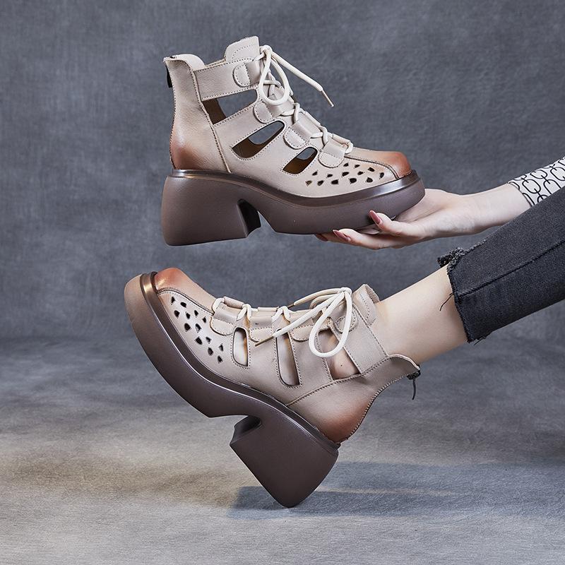 Первый слой коровьей кожи крутые ботинки женские лето 2025 новые ретро полые сандалии на платформе женские римские сетчатые ботинки женские ботинки