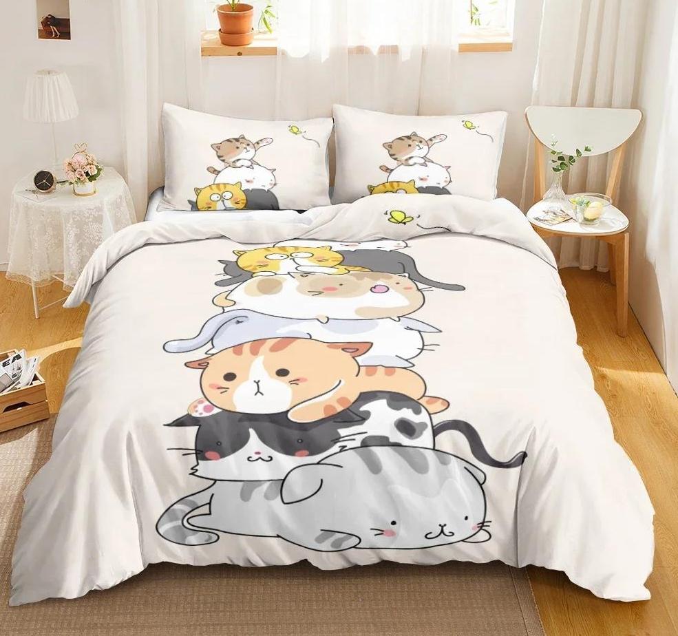 Мультяшный Милый Кот Пуховое Одеяло Пододеяльник 3-х Предметный Комплект Односторонней Печатью Постельное Белье Удобный Пододеяльник С 2 Наволочками