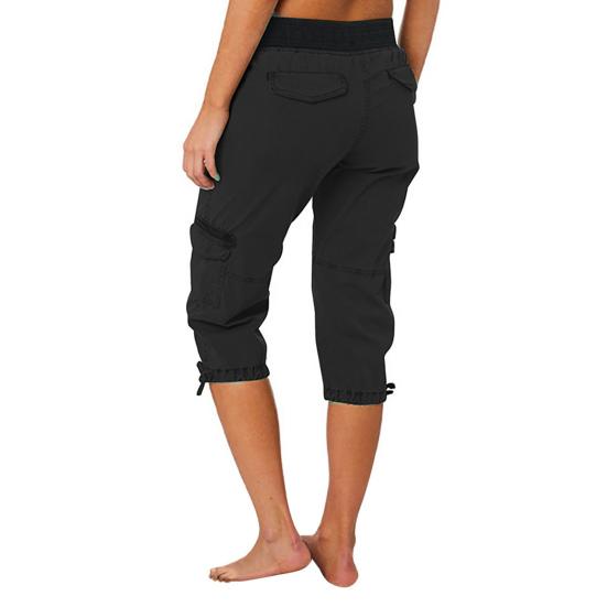 Women Cropped Drawstring Waist Wide Elastic Waistband Pure Multi Pockets Retractable Foot Leg Daily Wear School