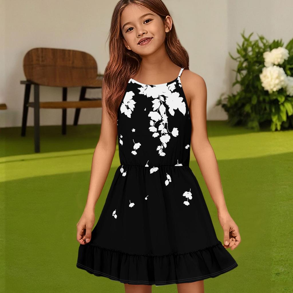 Детское летнее повседневное модное платье с круглым вырезом, однотонное, без рукавов