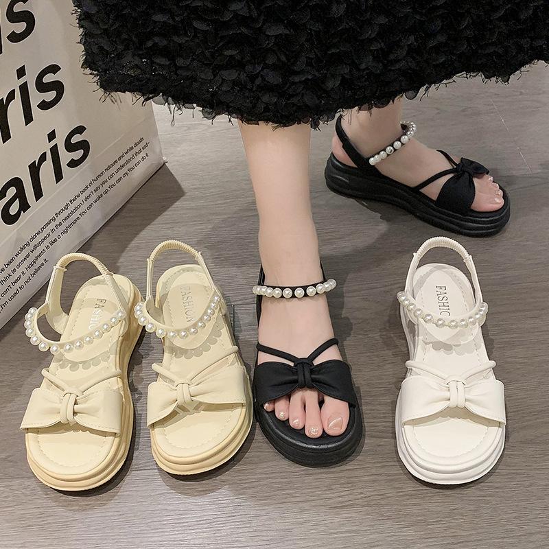Sandals Female 2024 New Summer Bow Fairy Wind Platform Pearl Word with Fashion Open-toed Roman Women's Shoes