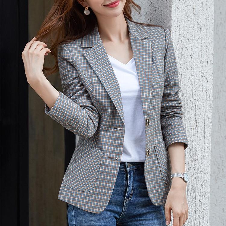 Autumn Women Plaid Blazer Jackets Office Lady Coats Korean Fashion Casual Female Clothes