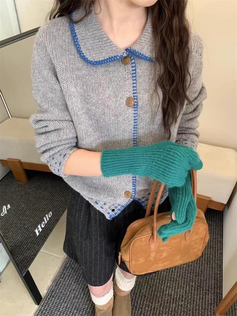 Женский кардиган в корейском милом стиле с цветными блоками - отложной воротник, приталенный, однобортный вязаный свитер на весну/осень