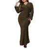 Plus Size Women Evening Dress V-Neck Long Sleeve High Waist Tight Long Dress Solid Color Shiny Fishtail Dress