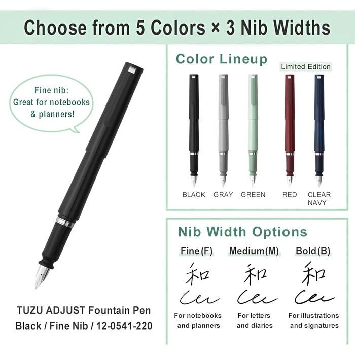 Sailor Tuzu Adjustable Fountain Pen, Fine Nib (F), Rotating Nib, Natural Fit Grip, Black, 12-0541-220, 1 Count