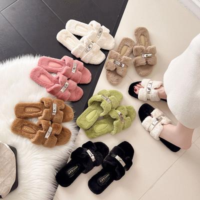 Разноцветные пушистые тапочки для женской верхней одежды 2025 осень и зима новые тапочки на плоской подошве в стиле сяосянфэн, модные плюшевые тапочки