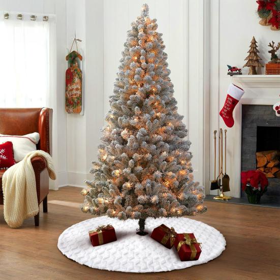 30"/36"/48" Faux Fur Christmas Tree Skirt Plush Snow White Tree Skirt with Golden Sequin Snowflake Reindeer for New Year Holiday Party Decoration