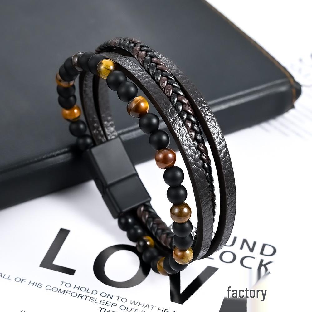 Мужской многослойный плетеный браслет с бусинами из натурального камня и кожи