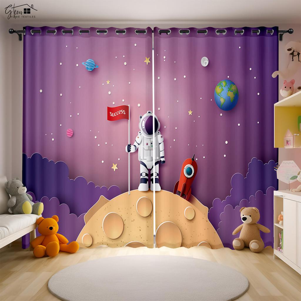 Cartoon Aerospace 3D Printing Drapes Astronaut Spaceman Spaceship Rocket Moon Planet Bedchamber Children ' s SpaceDrapes