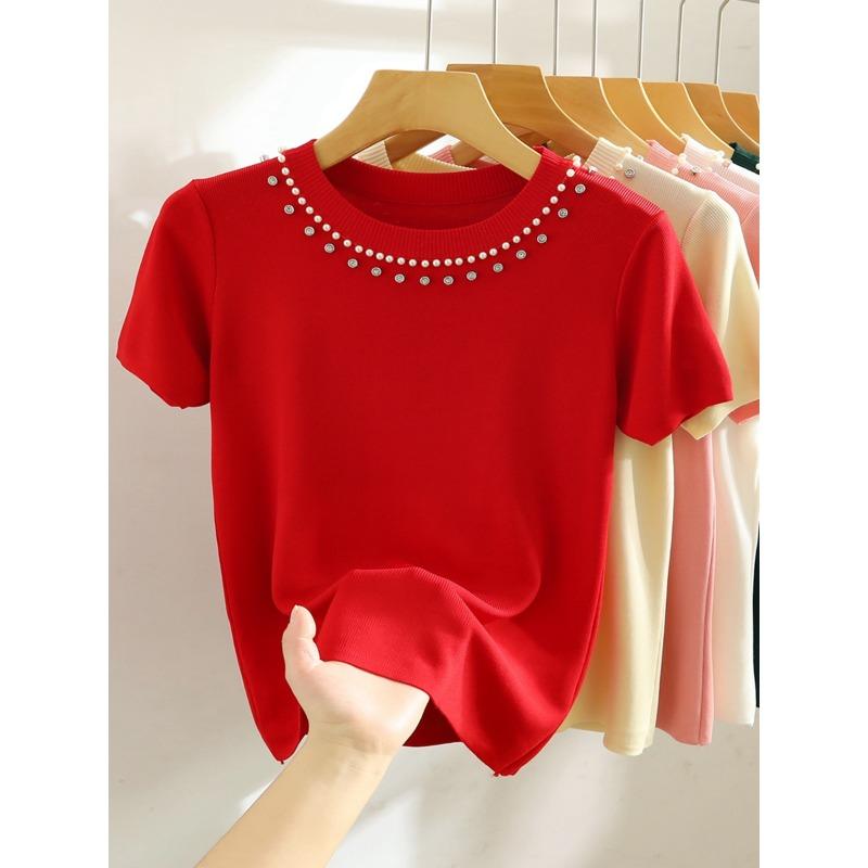 Women's Summer Short Sleeve Knitted T-shirt New Fashion O Neck Beaded Knit Elegant Short Top Female Casual Simple Solid Color Ladies Tshirt 3112