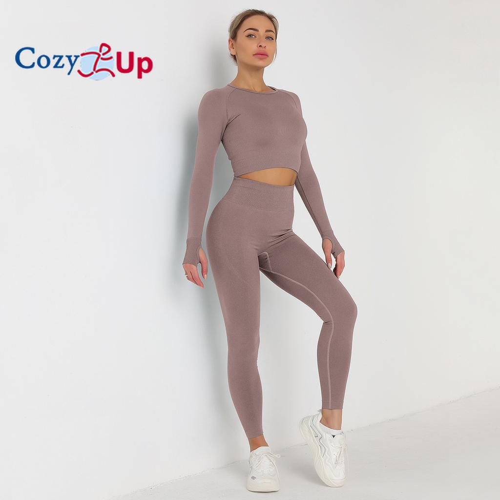Cozy Up Тренировочные комплекты для женщин из 2 предметов для занятий йогой, бесшовные ребристые леггинсы с топами с длинными рукавами